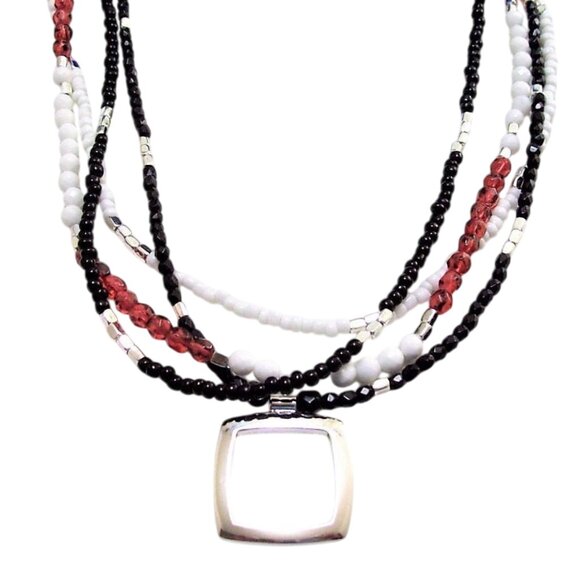 Red White Black Necklace Silver Tone Vintage Choker Bead Four Strand - Picture 6 of 6
